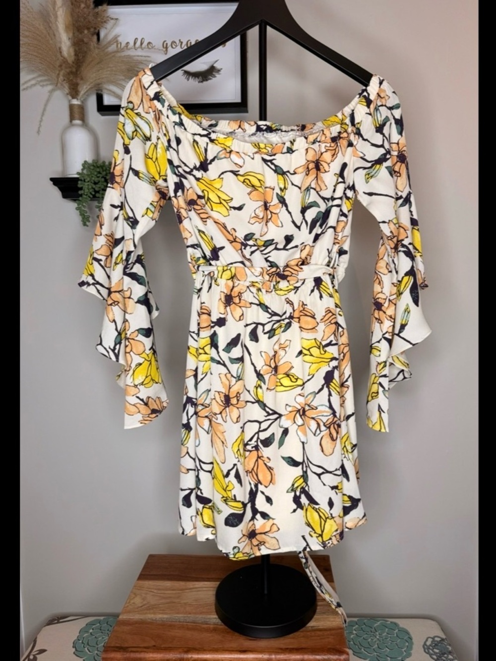 Lulu's White Floral Off-Shoulder Mini Dress with Yellow & Peach Prints